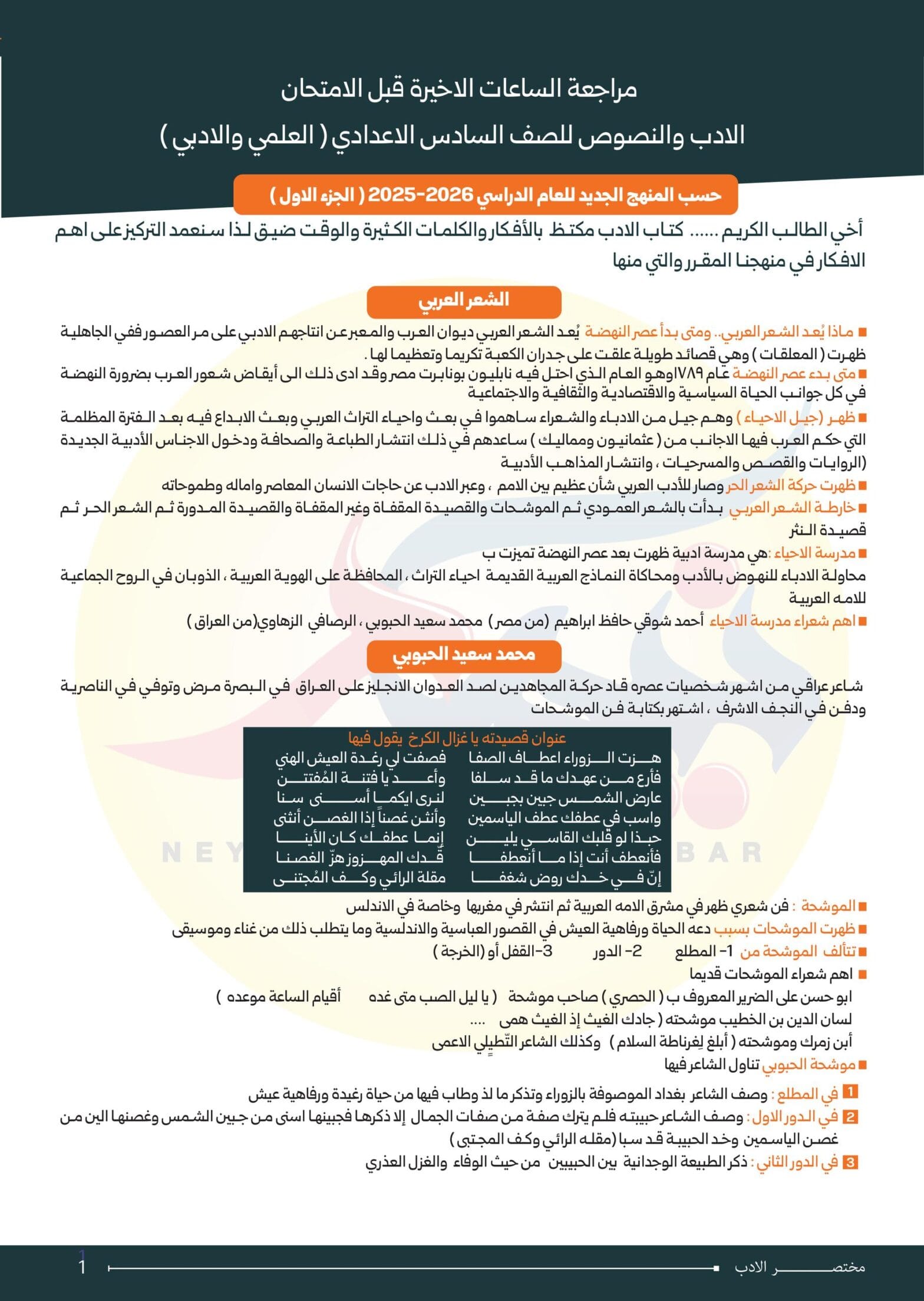 مرشحات ليلة الامتحان نيمار ابن الانبار السادس الاعدادي العلمي والادبي 2026 PDF